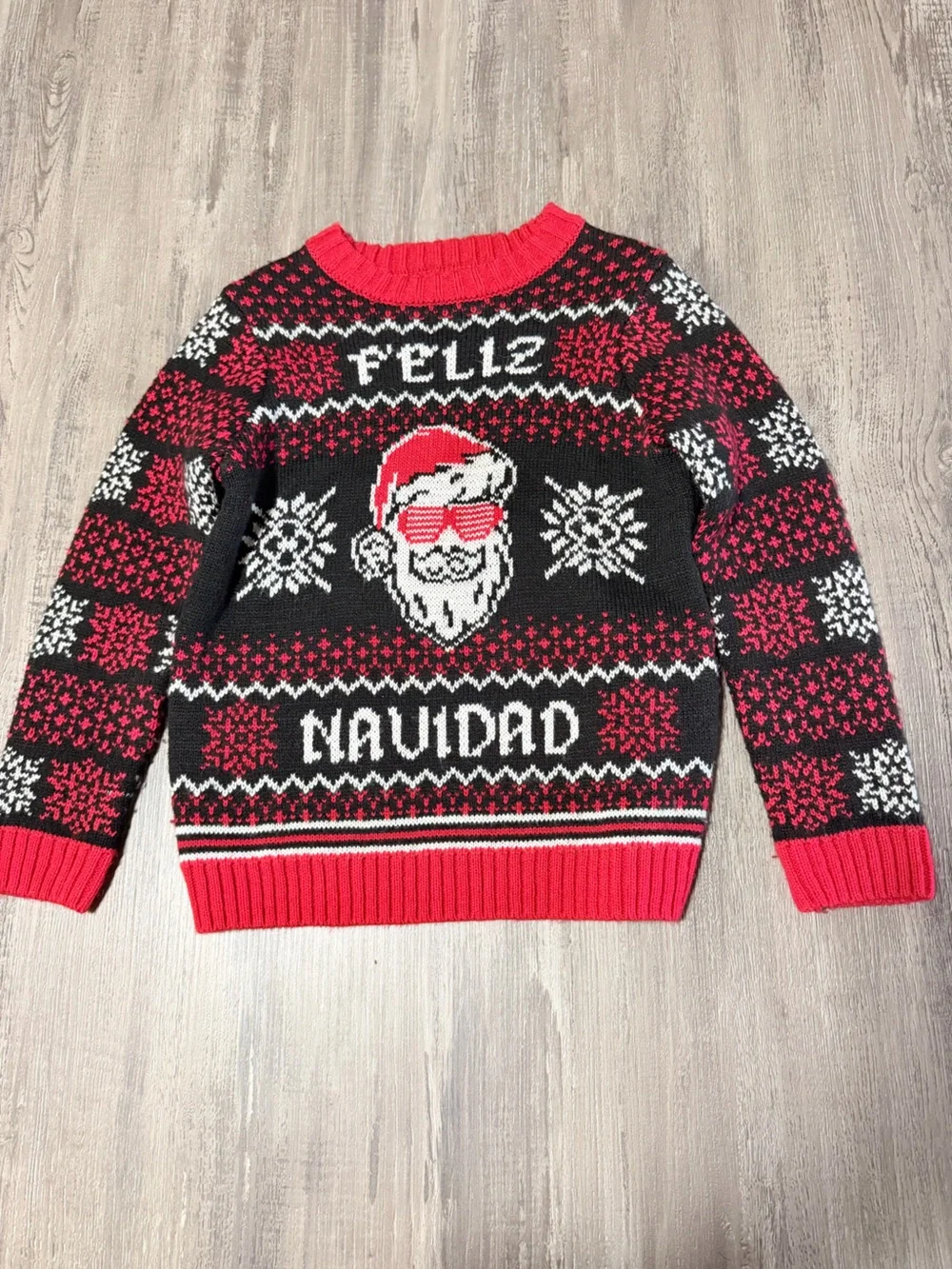 Holiday Time Boys XS 4-5 Feliz Navidad Ugly Christmas Sweater Santa Black Red